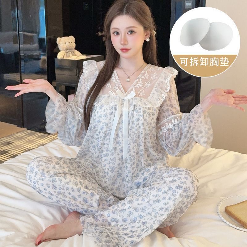 春秋季新款网纱蕾丝带胸垫睡衣女宫廷公主风甜美家居服套装 服裝批發女裝批發服飾貨源