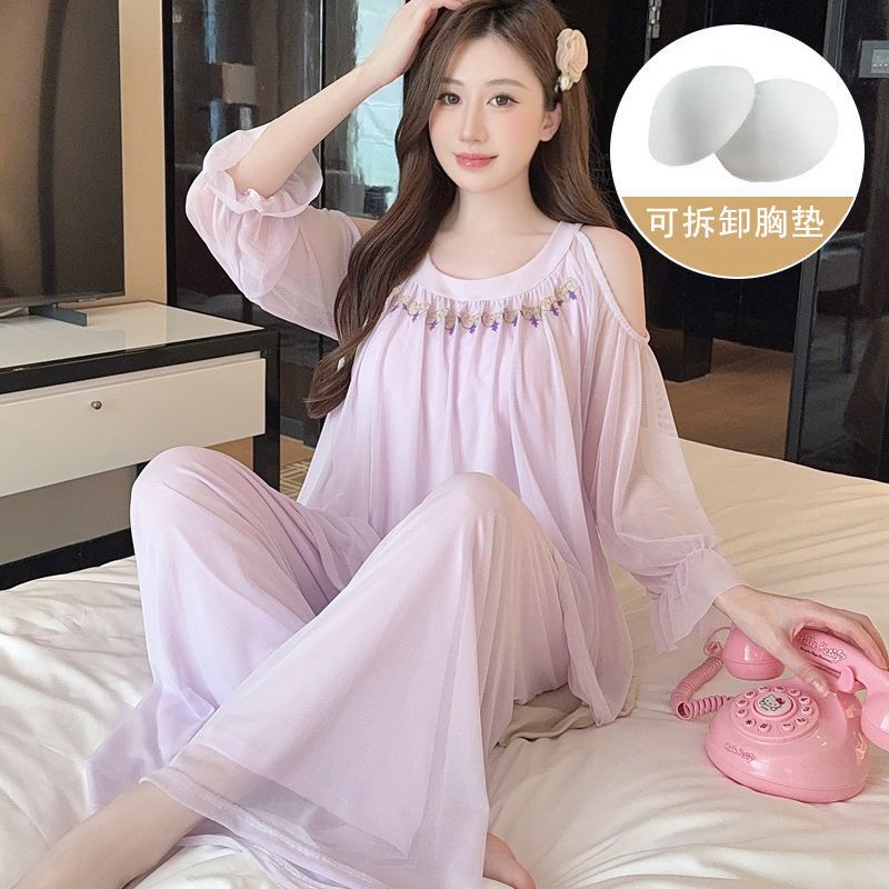 春秋季新款网纱蕾丝带胸垫睡衣女宫廷公主风甜美家居服套装 服裝批發女裝批發服飾貨源