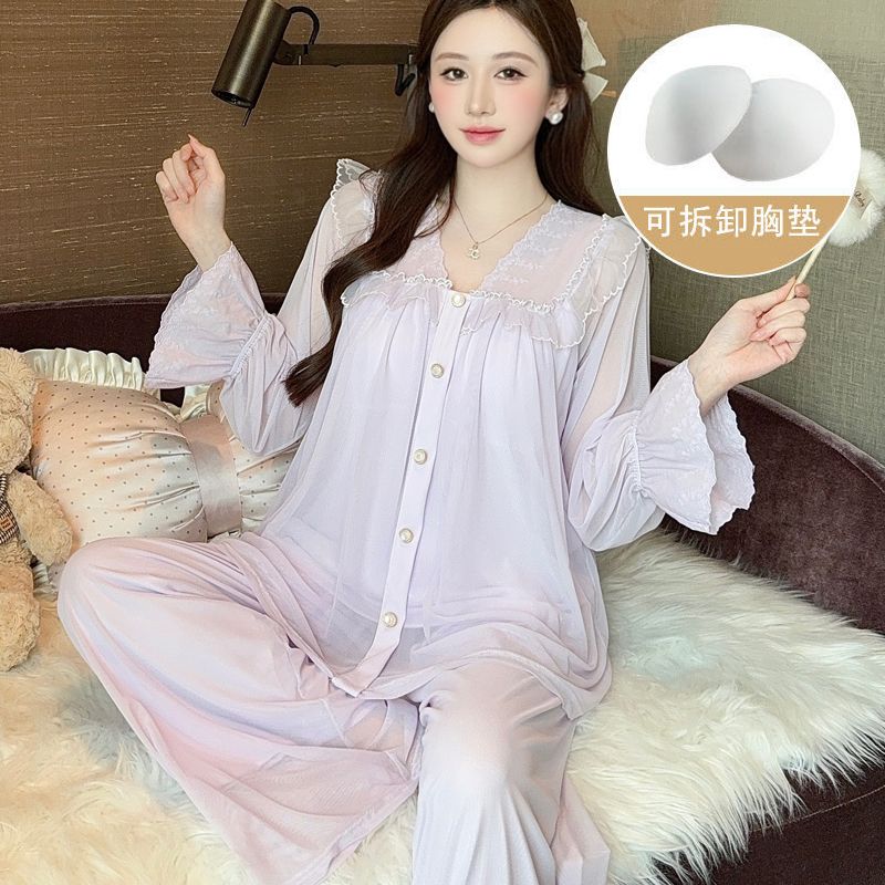 春秋季新款网纱蕾丝带胸垫睡衣女宫廷公主风甜美家居服套装 服裝批發女裝批發服飾貨源