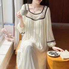 批发实拍春秋季新款带胸垫法式复古风睡裙女网纱宽松宫廷风长款家居服