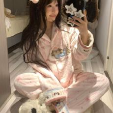 批发官图秋冬季新款珊瑚绒加绒加厚睡衣女韩版卡通可爱小狗家居服套装