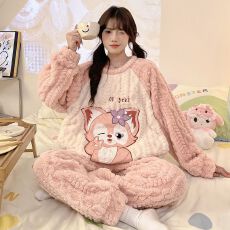 批发实拍秋冬季新款加绒加厚珊瑚绒睡衣女韩版卡通甜美可爱家居服套装