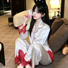 批发官图春秋季新款冰雪丝蕾丝花边翻领开衫甜美<b class='q'>可爱</b>时尚家居服套装