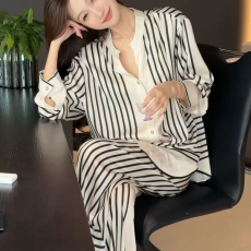 批发官图春秋季新款冰雪丝条纹撞色翻领开衫甜美<b class='q'>可爱</b>时尚家居服套装