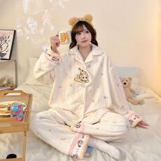 批发实拍秋冬季新款法兰绒加绒加厚坑条睡衣女韩版卡通甜美<b class='q'>家居服</b>套装