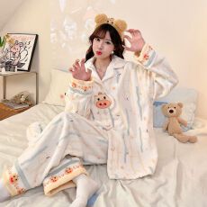 批发实拍秋冬季新款法兰绒加绒加厚坑条睡衣女韩版卡通甜美<b class='q'>家居服</b>套装