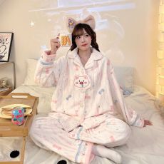 批发实拍秋冬季新款法兰绒加绒加厚坑条睡衣女韩版卡通甜美<b class='q'>家居服</b>套装