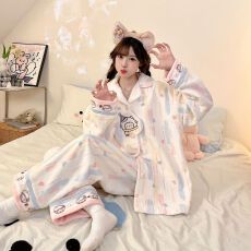 批发实拍秋冬季新款法兰绒加绒加厚坑条睡衣女韩版卡通甜美<b class='q'>家居服</b>套装