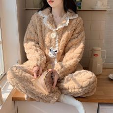 批发实拍秋冬季新款加厚提花长毛<b class='q'>绒</b><b class='q'>睡衣</b>女韩版翻领开衫甜美家居服套装