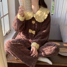 批发实拍秋冬季新款加厚提花长毛<b class='q'>绒</b><b class='q'>睡衣</b>女韩版翻领开衫甜美家居服套装