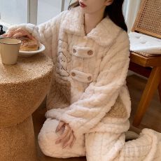 批发实拍秋冬季新款加厚提花长毛<b class='q'>绒</b><b class='q'>睡衣</b>女韩版翻领开衫甜美家居服套装