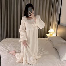 批发实拍秋冬季新款加厚舒绵绒<b class='q'>睡裙</b>女韩版甜美<b class='q'>公主</b>风宽松中长款家居服