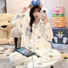 批发实拍秋冬季新款加绒加厚法兰绒<b class='q'>睡衣</b>女韩版<b class='q'>卡通</b>甜美保暖家居服套装