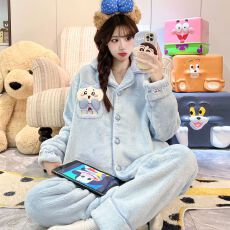 批发实拍秋冬季新款加绒加厚法兰绒<b class='q'>睡衣</b>女韩版<b class='q'>卡通</b>甜美保暖家居服套装