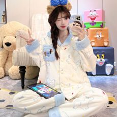 批发实拍秋冬季新款加绒加厚法兰绒<b class='q'>睡衣</b>女韩版<b class='q'>卡通</b>甜美保暖家居服套装