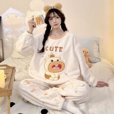 批发实拍秋冬季新款加绒加厚法兰绒<b class='q'>睡衣</b>女韩版<b class='q'>卡通</b>甜美可爱家居服套装