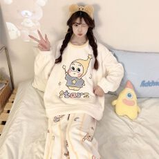 批发实拍秋冬季新款加绒加厚法兰绒<b class='q'>睡衣</b>女韩版<b class='q'>卡通</b>甜美可爱家居服套装