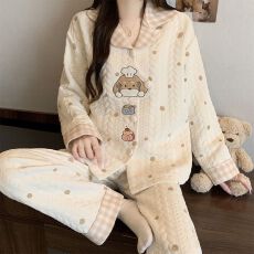 批发实拍秋冬季新款加厚空气棉夹层睡衣女韩版卡通绣花开衫家居服<b class='q'>套装</b>