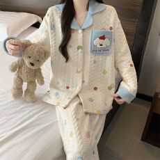 批发实拍秋冬季新款加厚空气棉夹层睡衣女韩版卡通绣花开衫家居服<b class='q'>套装</b>