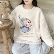 实拍秋冬季韩系新款法兰绒卡通可爱加绒加厚保暖家居服套装可外穿