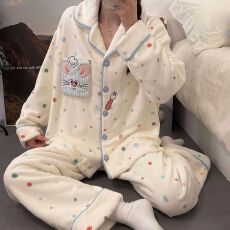 实拍秋冬季新款加绒加厚珊瑚绒睡衣女韩版卡通甜美开衫家居服套装