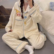 实拍秋冬季新款加绒加厚珊瑚绒睡衣女韩版卡通甜美开衫家居服套装