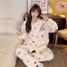 实拍秋冬季新款加绒加厚珊瑚绒睡衣女韩版卡通甜美开衫家居服套装