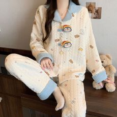 批发实拍秋冬季新款空气棉夹层睡衣女韩系甜美卡通时尚<b class='q'>保暖</b>家居服套装