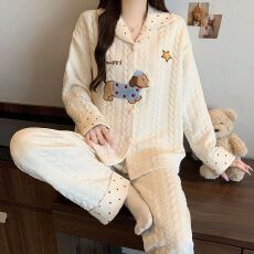 批发实拍秋冬季新款空气棉夹层睡衣女韩系甜美卡通时尚<b class='q'>保暖</b>家居服套装