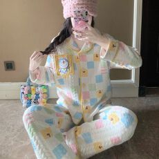批发实拍秋冬季新款空气棉夹层睡衣女韩系甜美卡通<b class='q'>时尚</b>保暖家居服套装