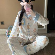 批发实拍秋冬季新款空气棉夹层睡衣女韩系甜美卡通<b class='q'>时尚</b>保暖家居服套装