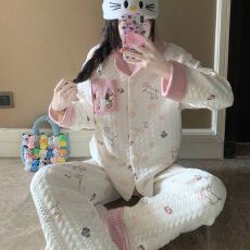 批发实拍秋冬季新款空气棉夹层睡衣女韩系甜美卡通<b class='q'>时尚</b>保暖家居服套装