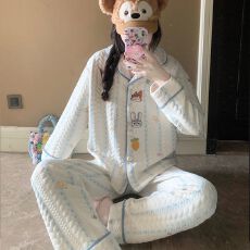 批发实拍秋冬季新款空气棉夹层睡衣女韩系甜美卡通<b class='q'>时尚</b>保暖家居服套装