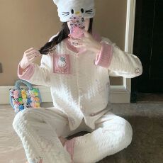 批发实拍秋冬季新款空气棉夹层睡衣女韩系甜美卡通<b class='q'>时尚</b>保暖家居服套装