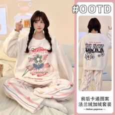 批发实拍秋冬季新款加绒加厚法兰绒甜美睡衣女<b class='q'>韩版</b>卡通可爱家居服套<b class='q'>装</b>