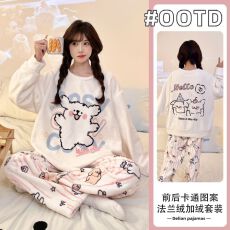 批发实拍秋冬季新款加绒加厚法兰绒甜美睡衣女<b class='q'>韩版</b>卡通可爱家居服套<b class='q'>装</b>