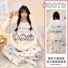 批发实拍秋冬季新款加绒加厚法兰绒甜美睡衣女<b class='q'>韩版</b>卡通可爱家居服套<b class='q'>装</b>