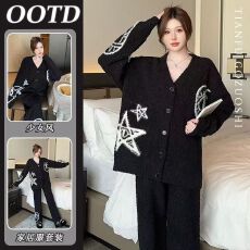 实拍秋冬季新款加厚半边绒开衫睡衣女韩版刺绣星星保暖家居服套装