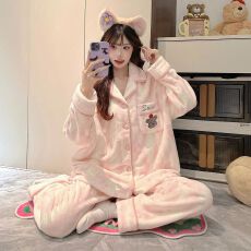 批发实拍冬季新款280克珊瑚绒卡通睡衣女<b class='q'>韩版</b>翻领开衫甜美家居服套<b class='q'>装</b>