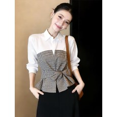 批发假两件撞色格纹<b class='q'>衬衫</b>女装春季2026新款长袖翻领收腰绑带设计感上衣