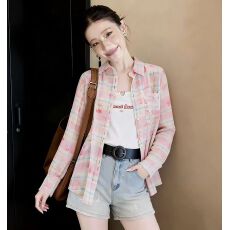 批发春季新款女甜美彩色格子宽松BF风雪纺防晒衫外套开衫<b class='q'>衬衫</b><b class='q'>衬衣</b>上衣