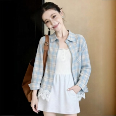 批发设计感小众蕾丝拼接蓝色格子<b class='q'>衬衫</b>女2026春季宽松外穿防晒<b class='q'>衬衣</b>