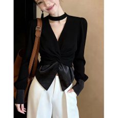 批发高级感黑色挂脖<b class='q'>长袖</b>衬衫 小众设计感扭结拼接显瘦通勤上衣