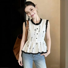 批发清新碎花刺绣收腰娃娃衫女 夏季蕾丝花边无袖显瘦遮肉<b class='q'>雪纺上衣</b>