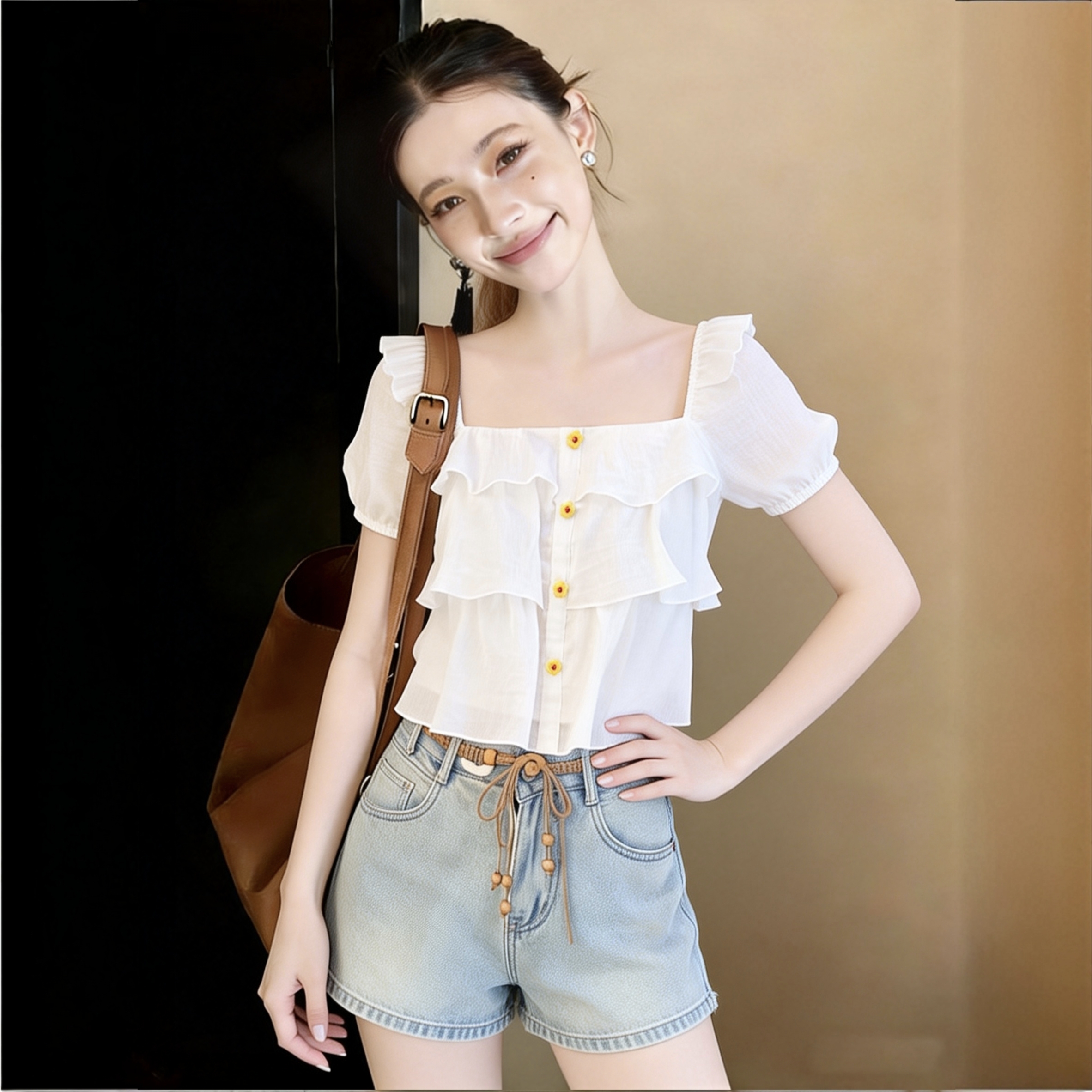 화이트 광장 칼라 프릴 쉬폰 블라우스 여름 2026 새로운 프랑스식 거품 소매 쇼트 스타일 맨위 부드러운 바람 작은 셔츠