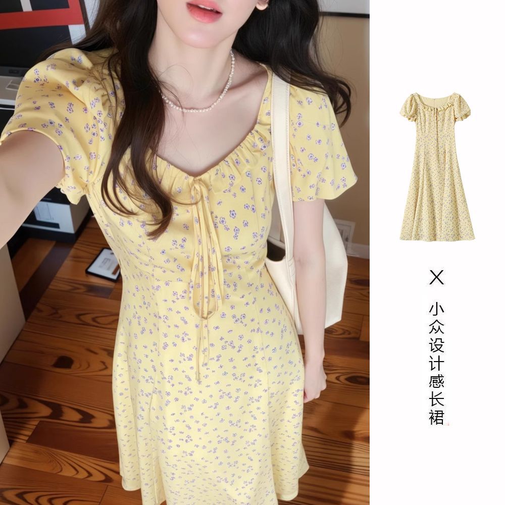 French ruffled puff sleeve yellow floral dress for women's summer new design waist-hugging long skirt