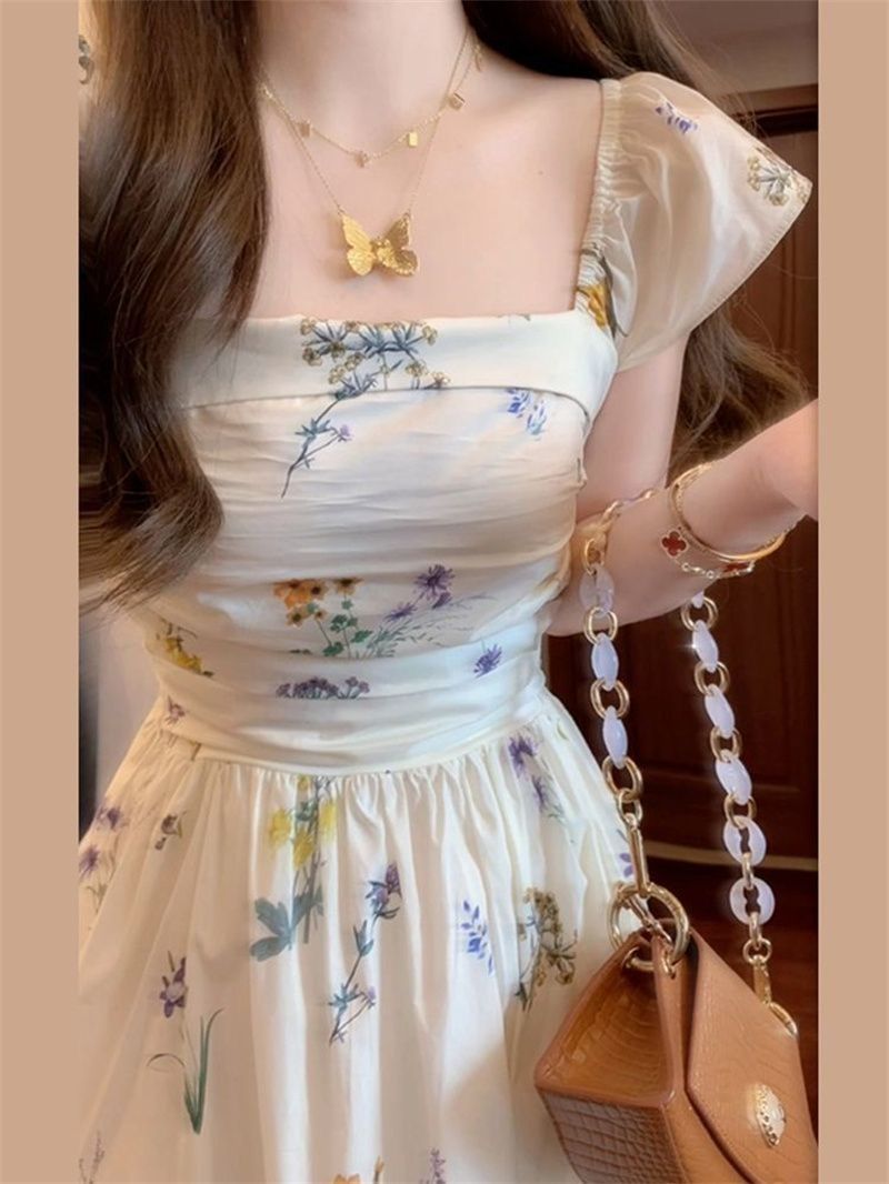 French square neck small flying sleeve floral dress for women's summer new style waist-retracted and backless temperament A-line long skirt