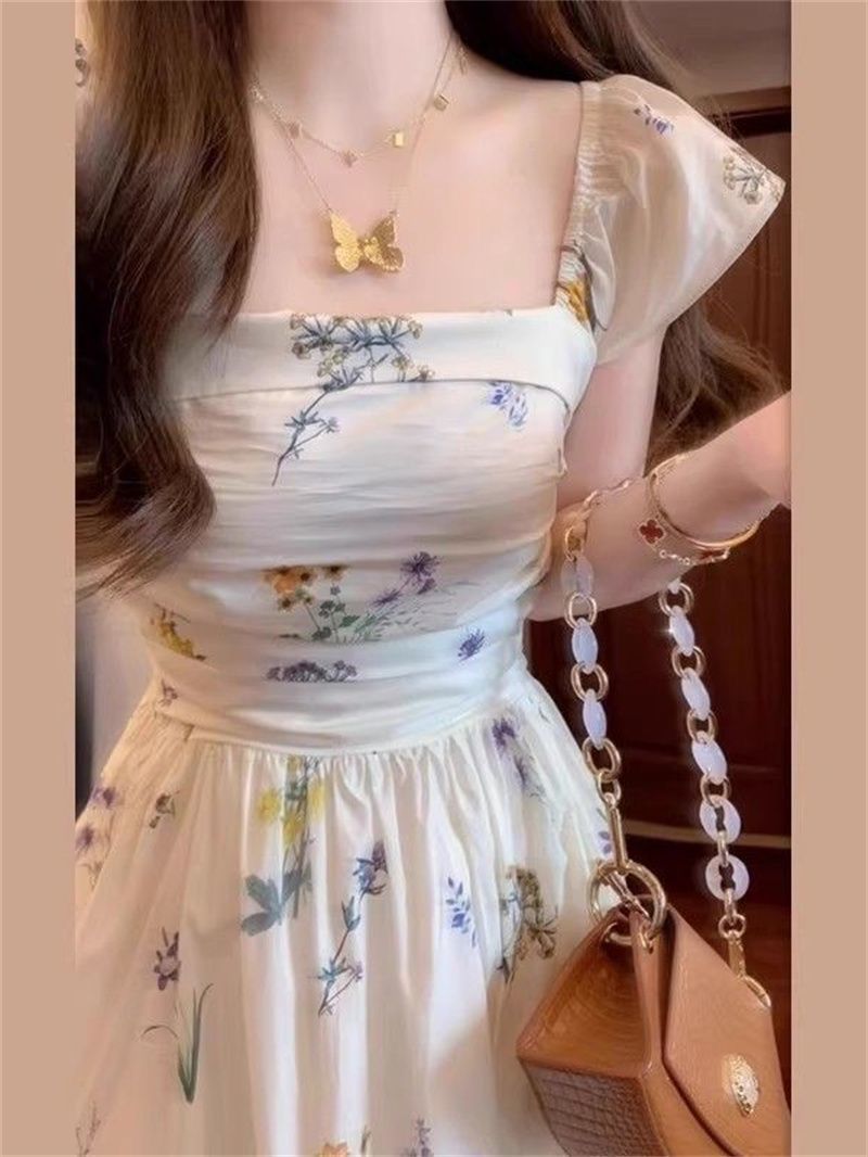 French square neck small flying sleeve floral dress for women's summer new style waist-retracted and backless temperament A-line long skirt