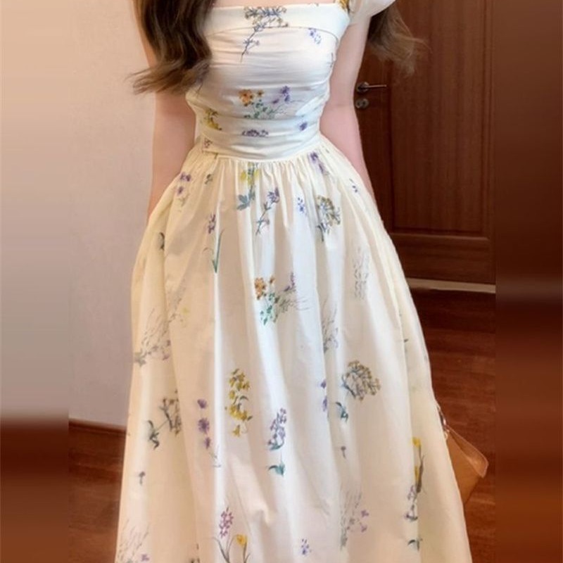 French square neck small flying sleeve floral dress for women's summer new style waist-retracted and backless temperament A-line long skirt