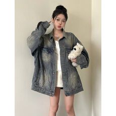 批发美式复古做旧磨破牛仔外套男女春秋新款潮牌宽松休闲<b class='q'>夹克</b>上衣